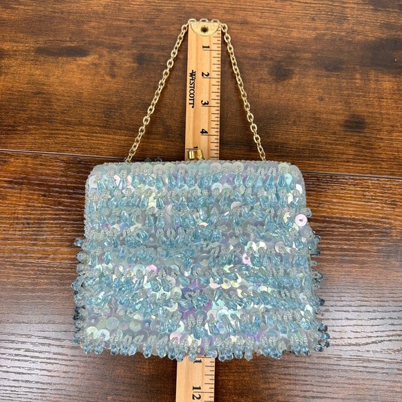 VTG 1960s Beaded Evening Bag Blue Iridescent Sequins Hong Kong Purse Bridal - Picture 7 of 8